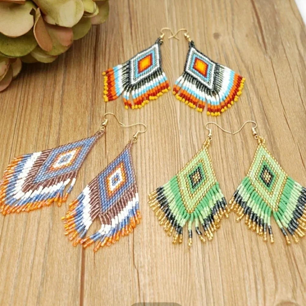 Beaded Earrings Blue Yellow/Gold & White Miyuki Rice Beads